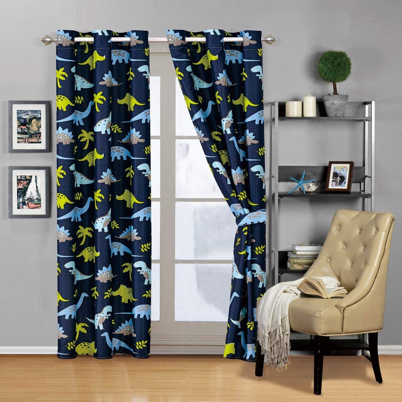 Linen Plus 2 Panel Curtain Set with Grommets for Teens Boys Girls New (Blue Dinosaur)